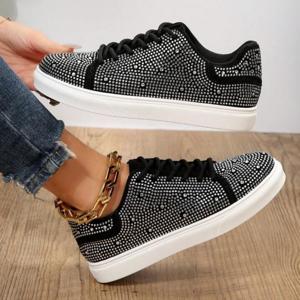 Women Rhinestone Decor Lace-Up Front Skate Shoes, Sporty Outdoor Casual Shoes